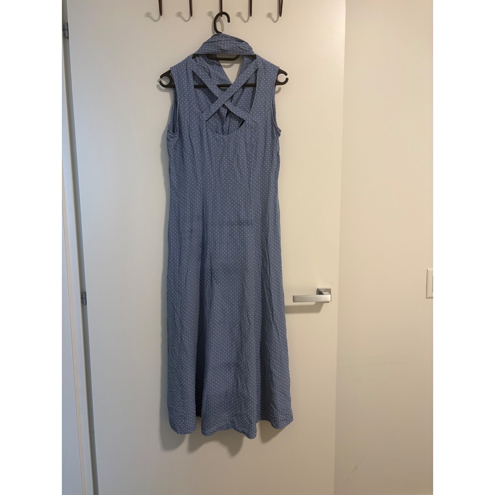 Vintage 90s Fairy Grunge Polka Dot Midi Dress Blue Sleeveless Crisscross Back 8
